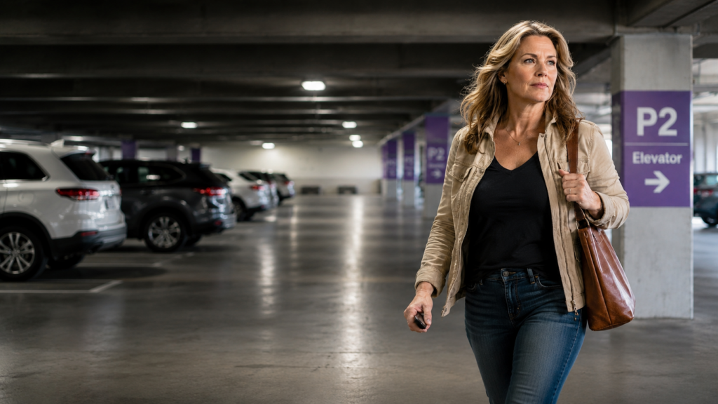 Woman walking confidently through a parking garage with situational awareness