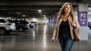 Woman walking confidently through a parking garage with situational awareness