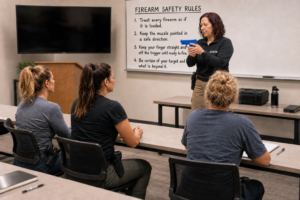 Women learning to trust your instincts during situational awareness training at a classroom session in Las Vegas.