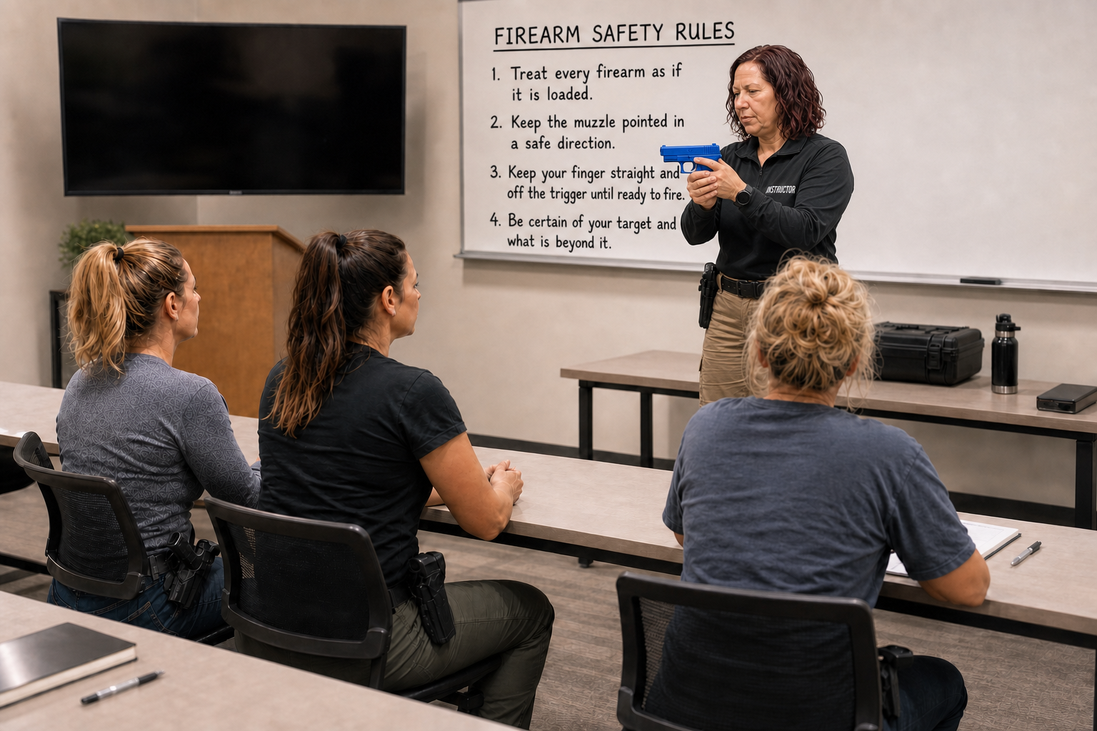 Women learning to trust your instincts during situational awareness training at a classroom session in Las Vegas.
