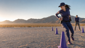 Woman training with focus for Sight Shooter dynamic firearm skill refinement