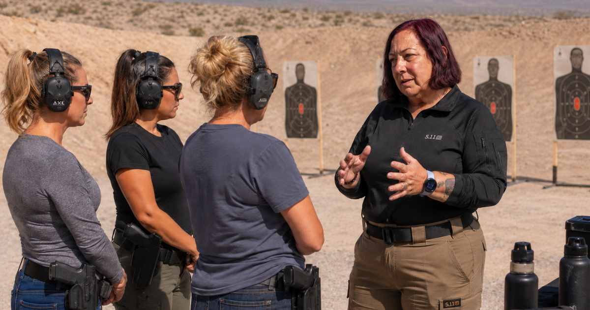 Woman receiving hands-on firearm instruction during confidence and preparedness training for women at an outdoor shooting range. confidence for women