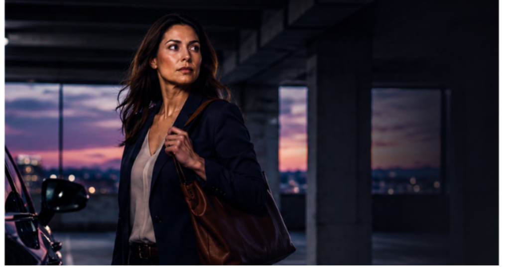 Woman walking through a parking garage at dusk, representing emotional composure, confidence under pressure, and preparedness awareness. emotional composure under stress