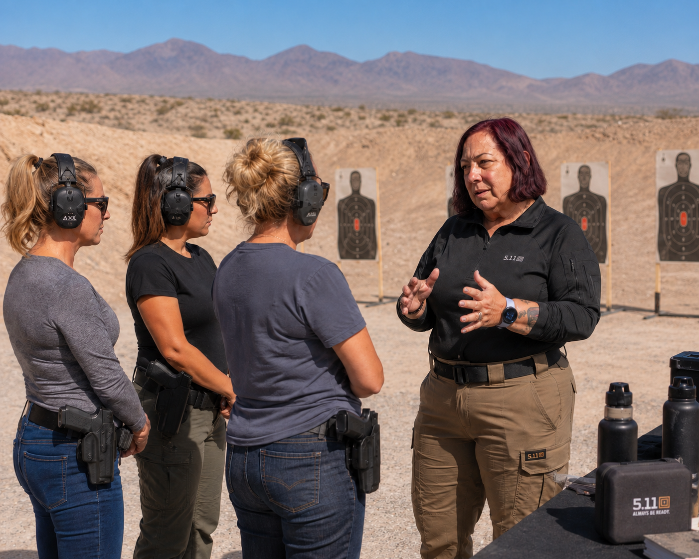 Women participating in preparedness education and situational awareness training with an instructor at an outdoor training range. preparedness education