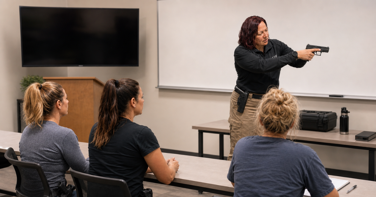 Women participating in a preparedness training class focused on responsible firearm ownership, situational awareness, and confidence under pressure. women's preparedness training